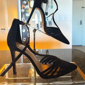 MIX NO. 6 BLACK SUEDE T-STRAP COVERED POINTED TOE STILETTO